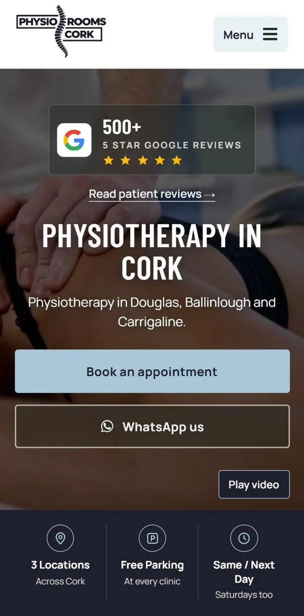 Physio Rooms Cork website on a phone, showing the booking and WhatsApp buttons above the fold